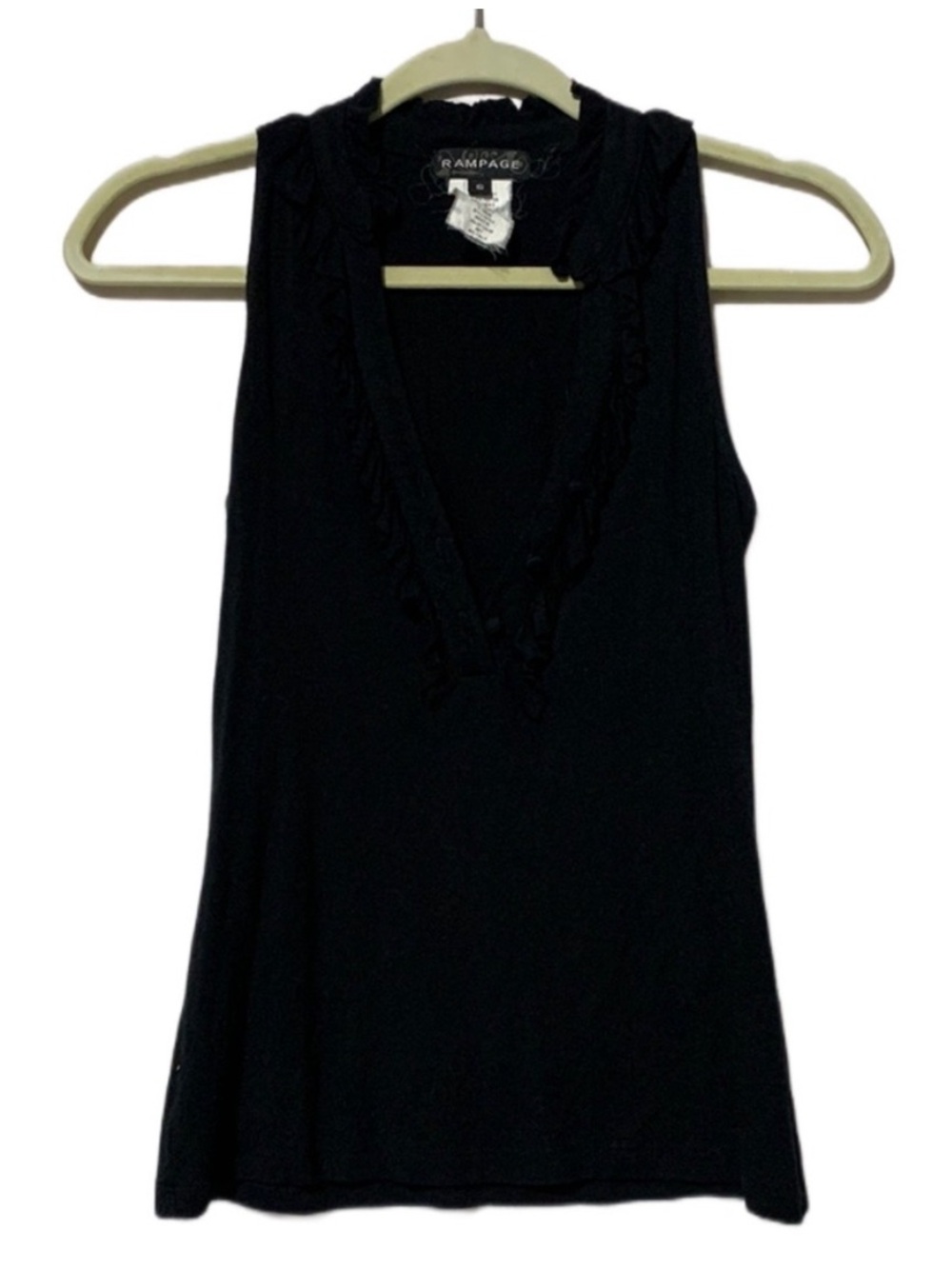 Rampage Black V-Neck Sleeveless Ruffle Trim Tank